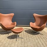 2x Fritz Hansen Egg Chair +1x Ottoman in Cognac leather NIEUW!!