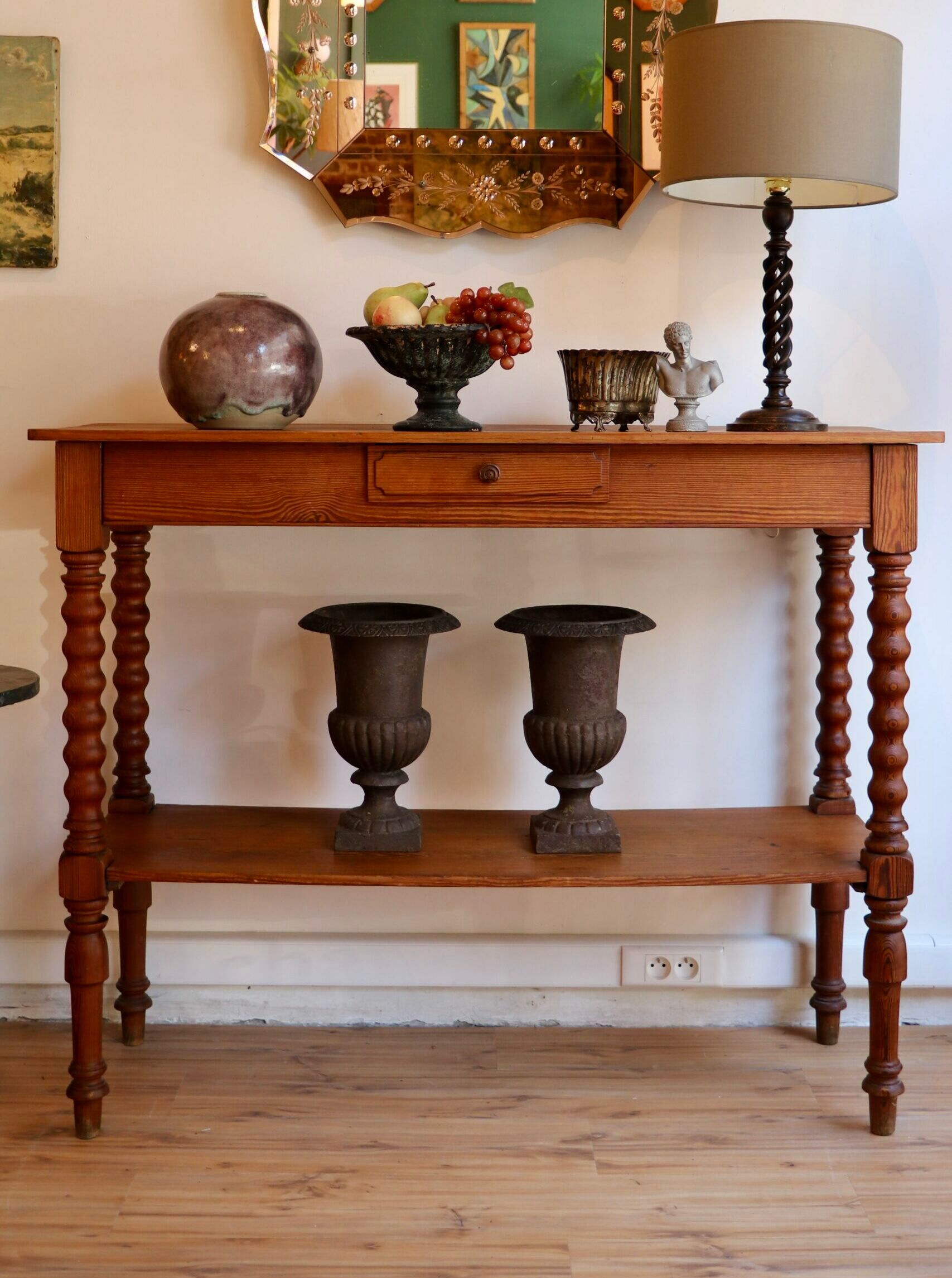 Large console or shop sideboard in pitch pine, early 20th century.