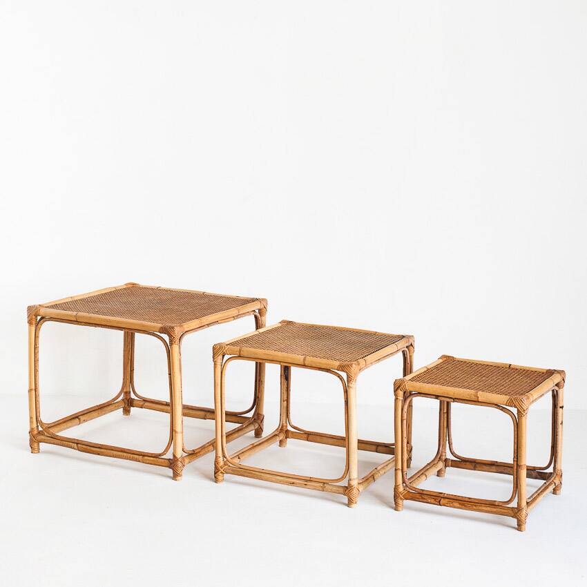 Set of three vintage nesting tables in cane. France, 1960s