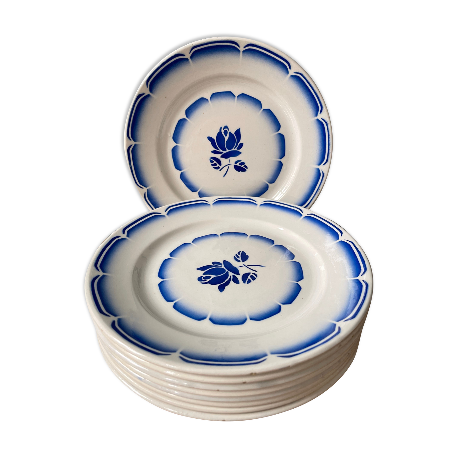 Lot de 9 assiettes plates vintage en porcelaine opaque de Badonviller