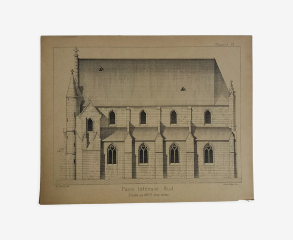Ancient lithograph architecture façade of a church