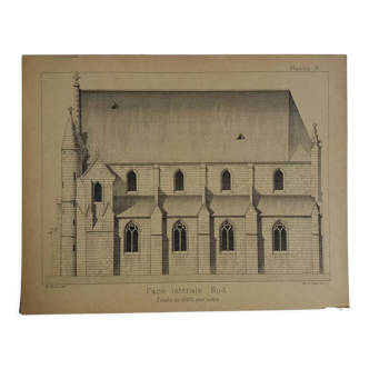 Ancient lithograph architecture façade of a church