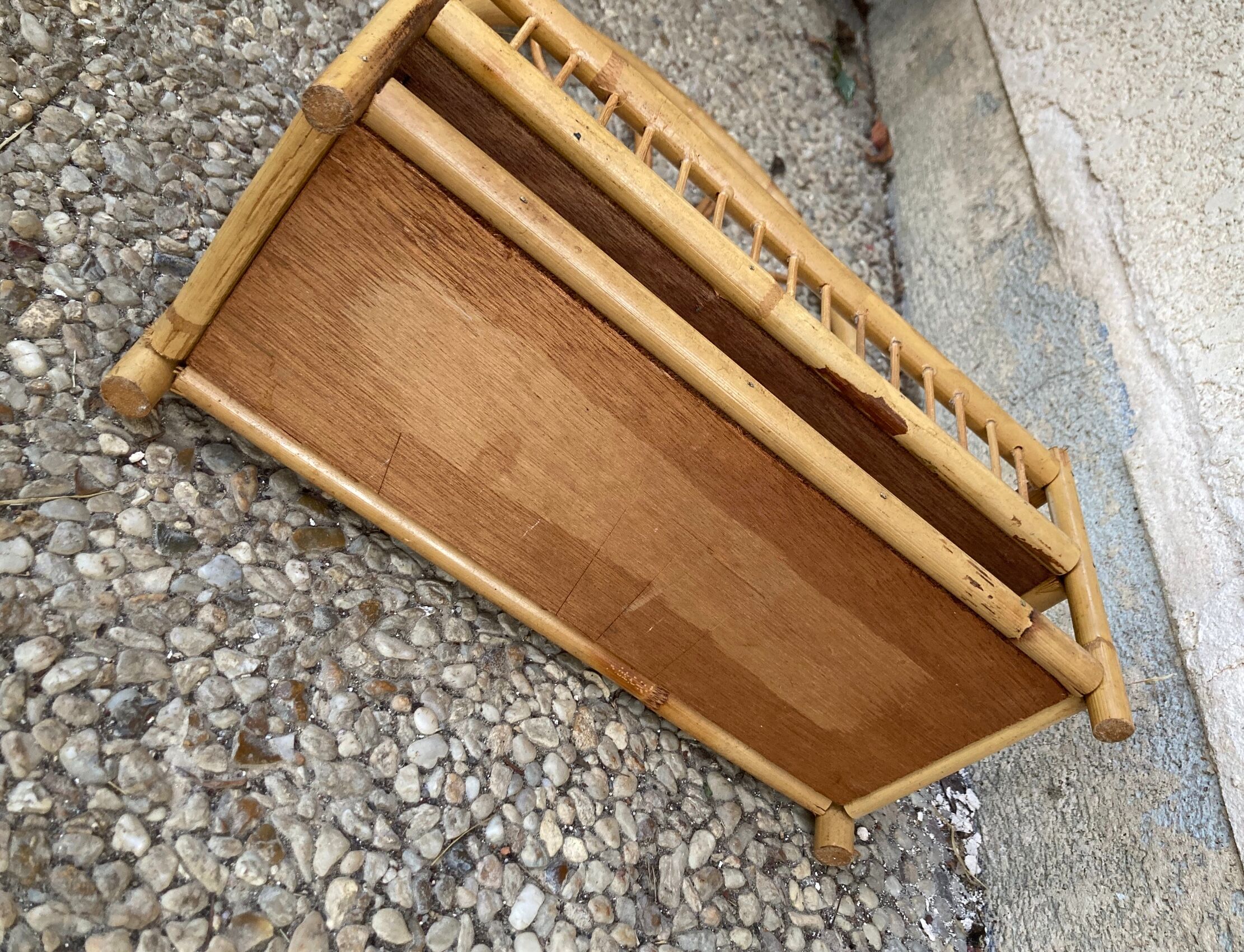 Vintage rattan wall shelf with mirror