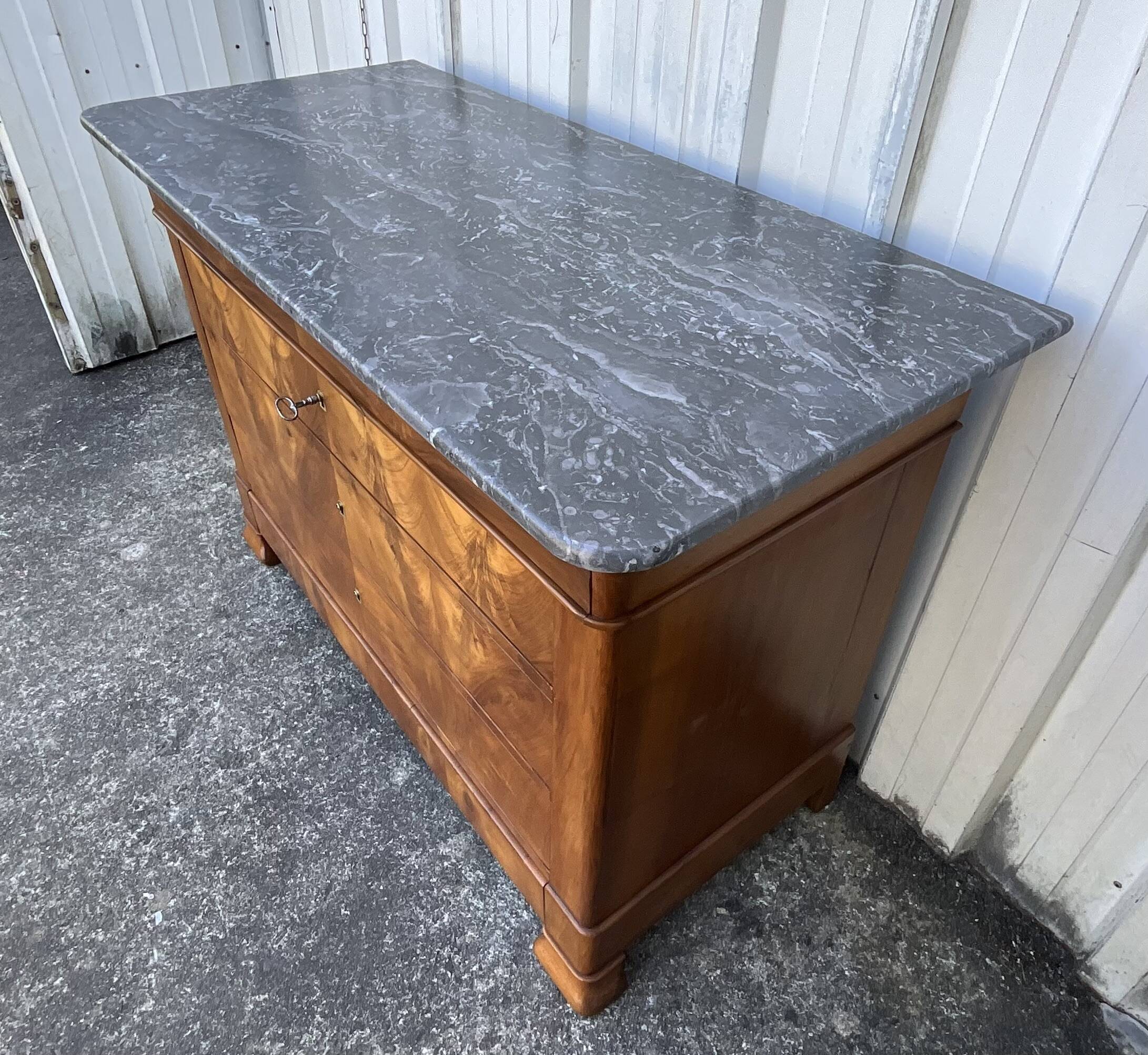Louis-Philippe commode in burr walnut, Saint-Anne grey marble, mid-century
