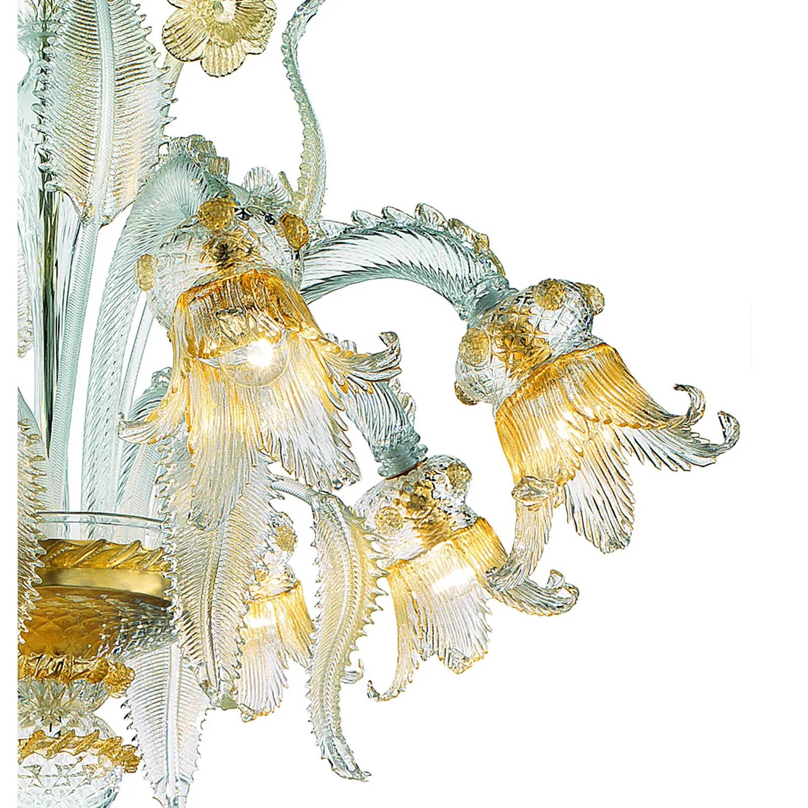 Ornate Clear and Gold-Leaf Murano Glass Floral Chandelier — Italian Design