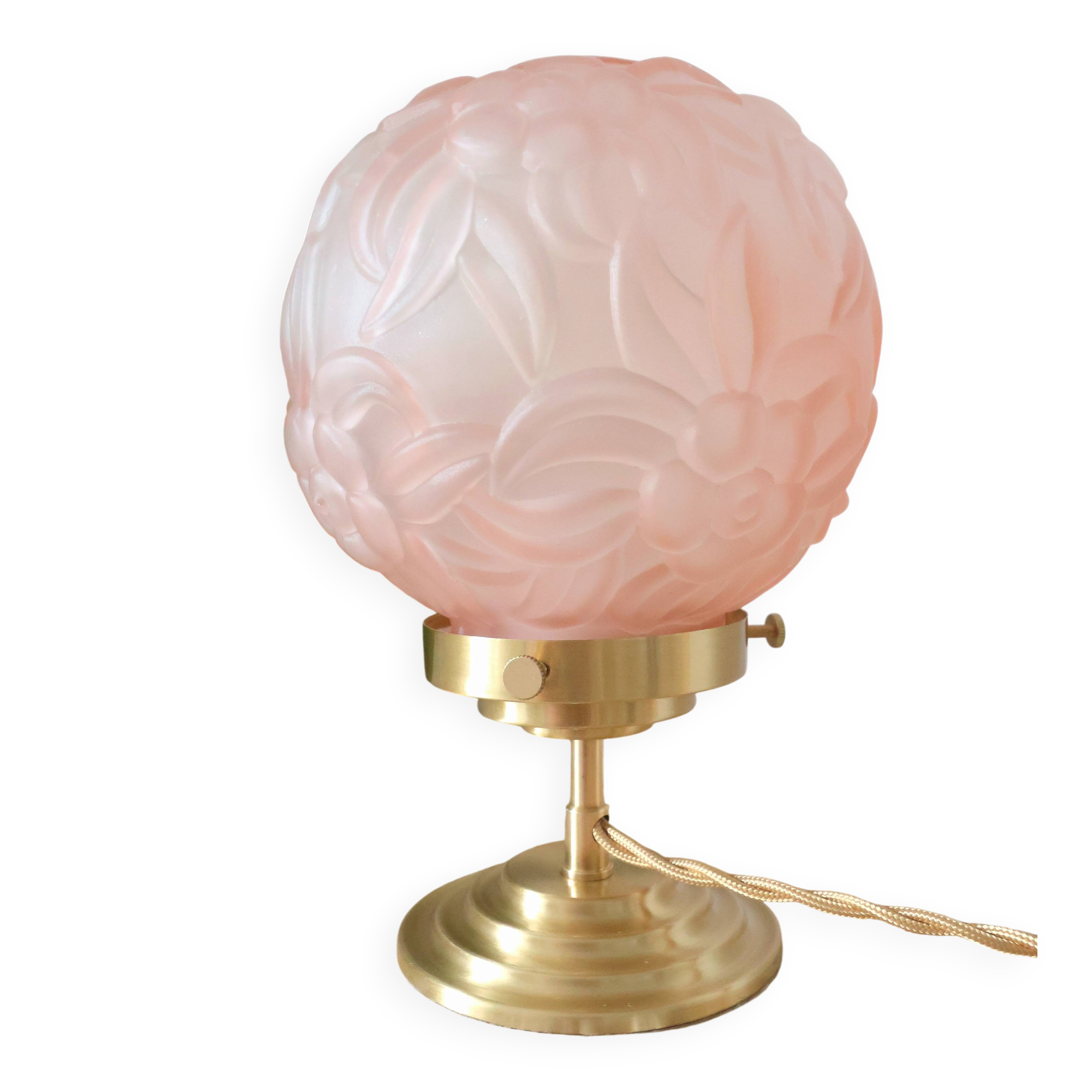 Art Deco floral table lamp, vintage pink opaline glass
