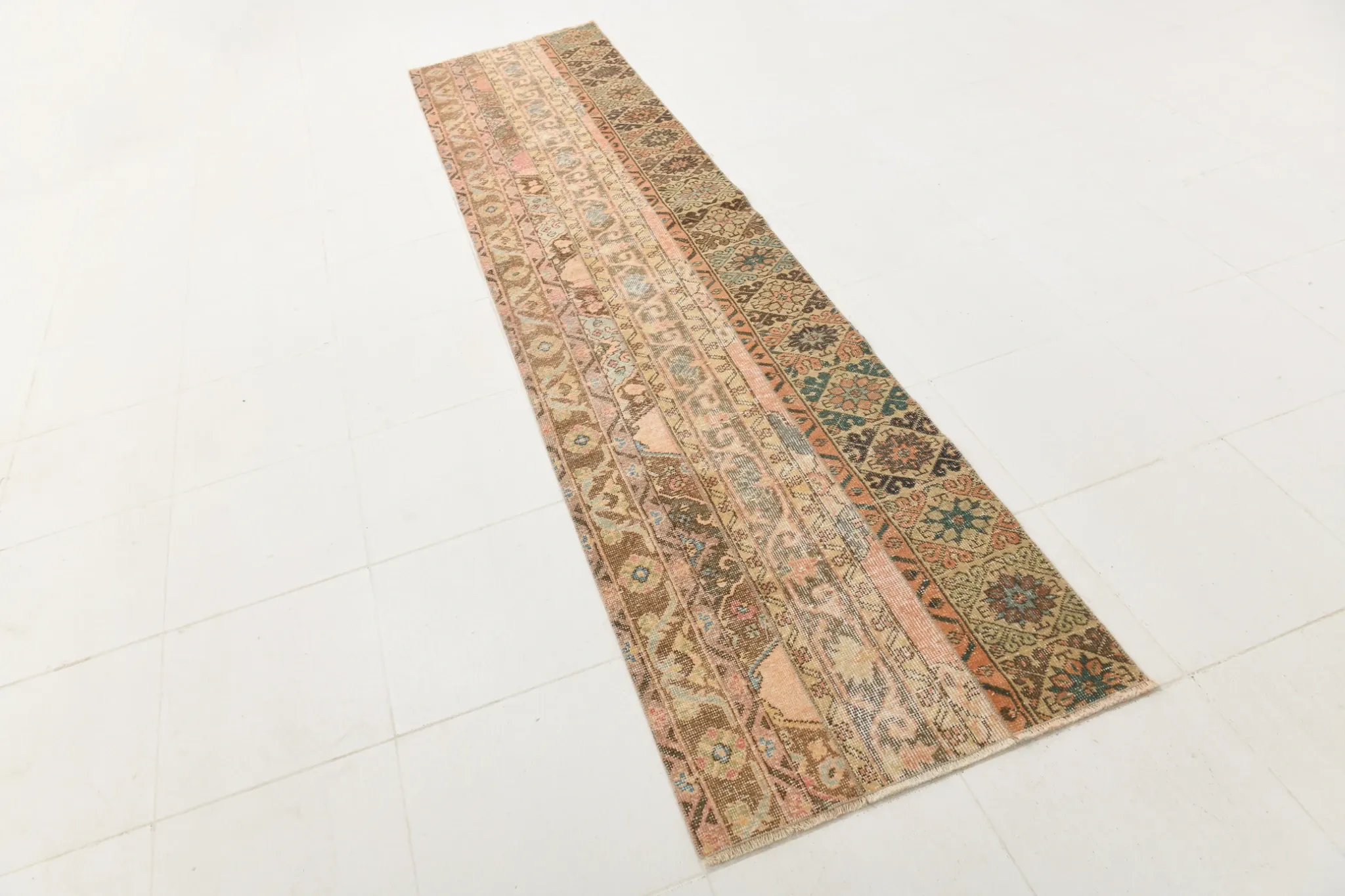 Brown Cream Vintage Persian Runner Rug, Rugs For Rustic Hallway, 74x327Cm
