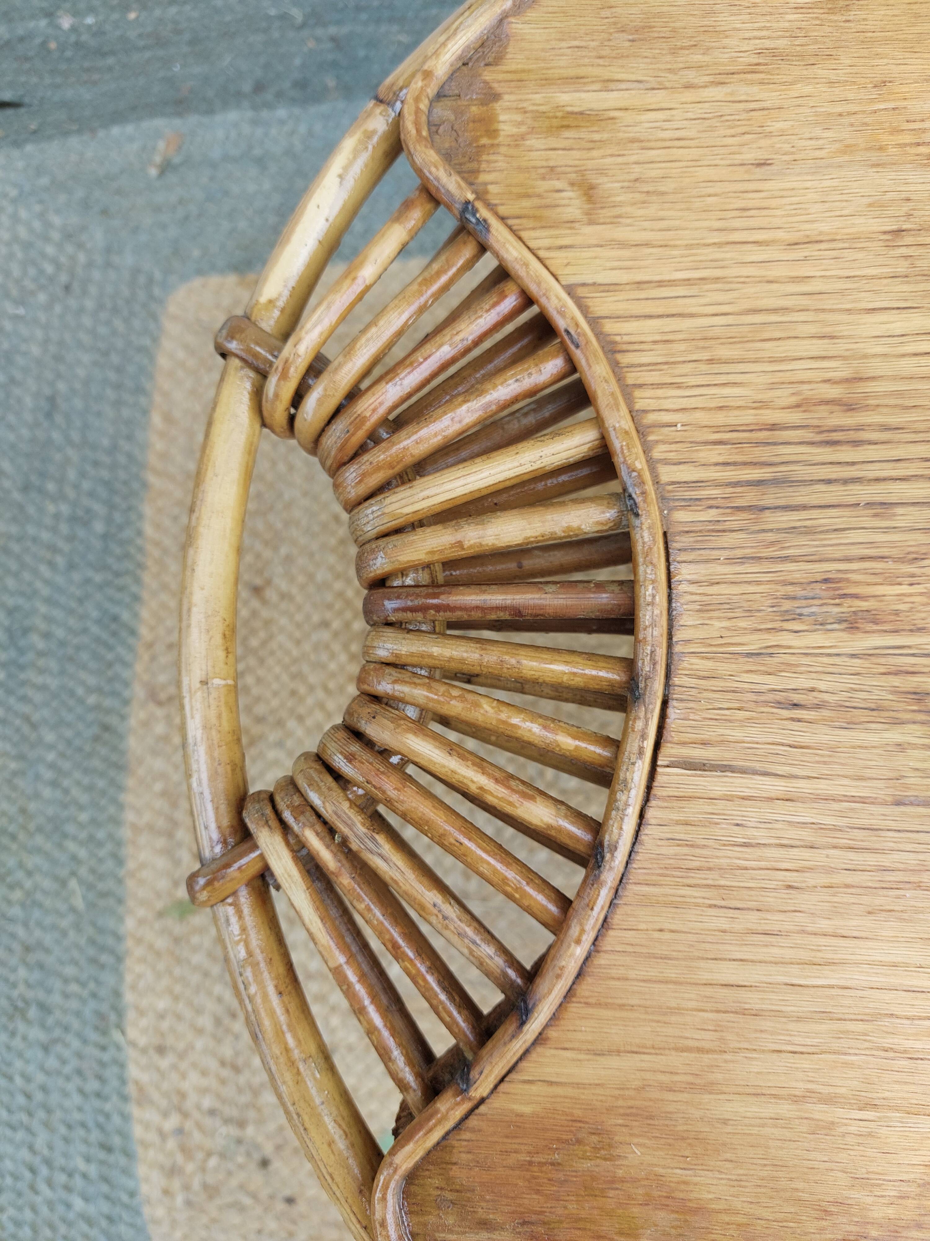 4 armchairs and a coffee table made of rattan and bamboo wood, vintage.