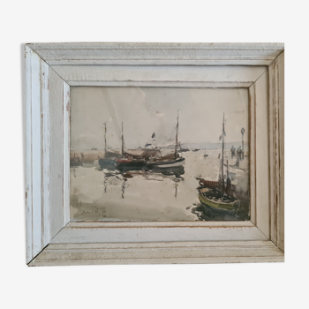 Aquarelle signée en bas à gauche «Bateaux à Honfleur »  23 x31 cm, Fernand Herbo (1905-1995)