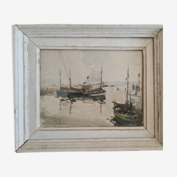 Fernand HERBO (1905-1995) Watercolor signed lower left "Boats in Honfleur" 23 x31 cm