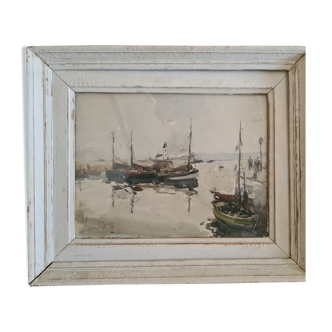 Aquarelle signée en bas à gauche «Bateaux à Honfleur »  23 x31 cm, Fernand Herbo (1905-1995)