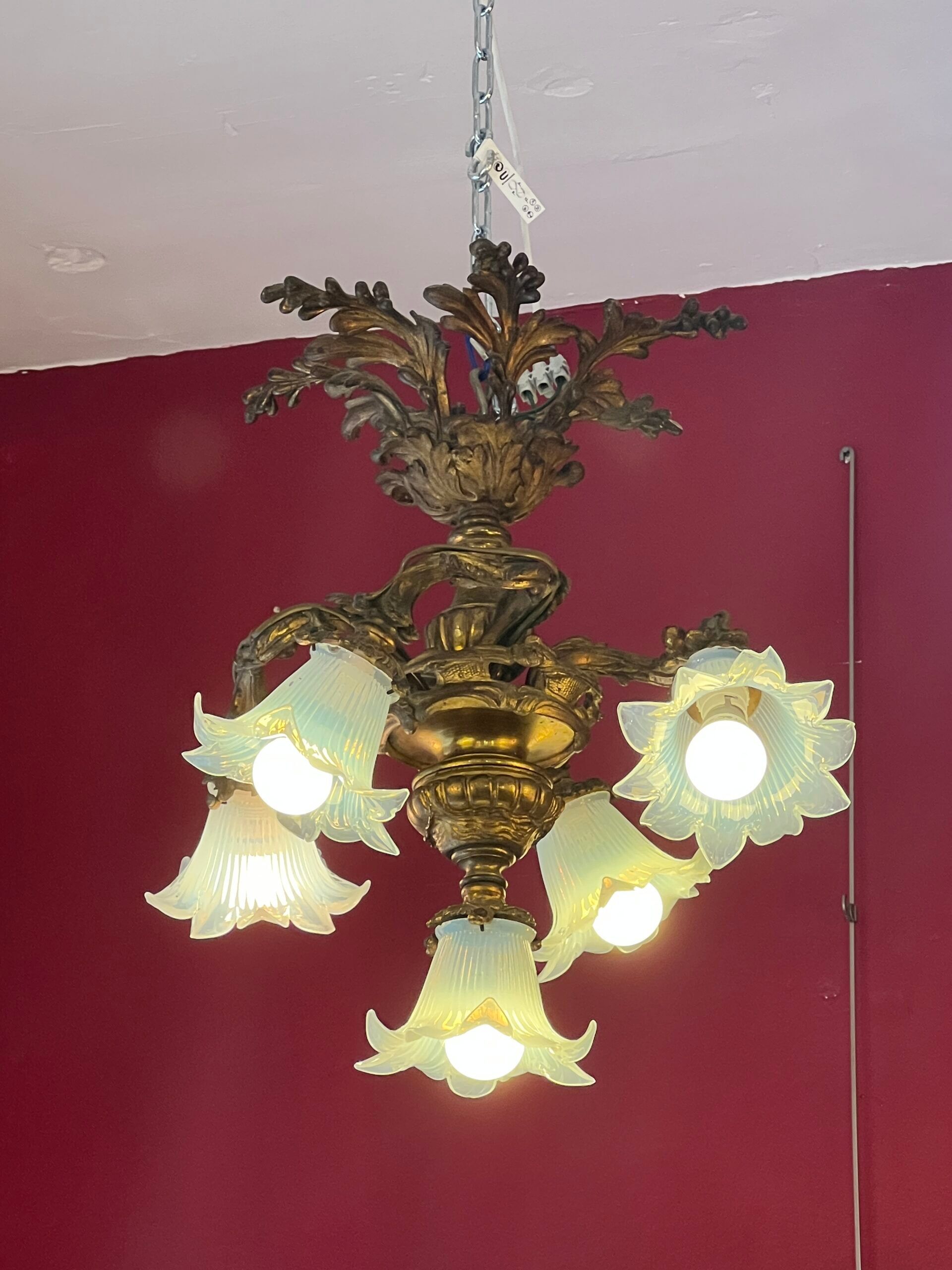Solid bronze chandelier with moving arms, 19th century, opalescent tulips