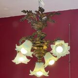 Solid bronze chandelier with moving arms, 19th century, opalescent tulips