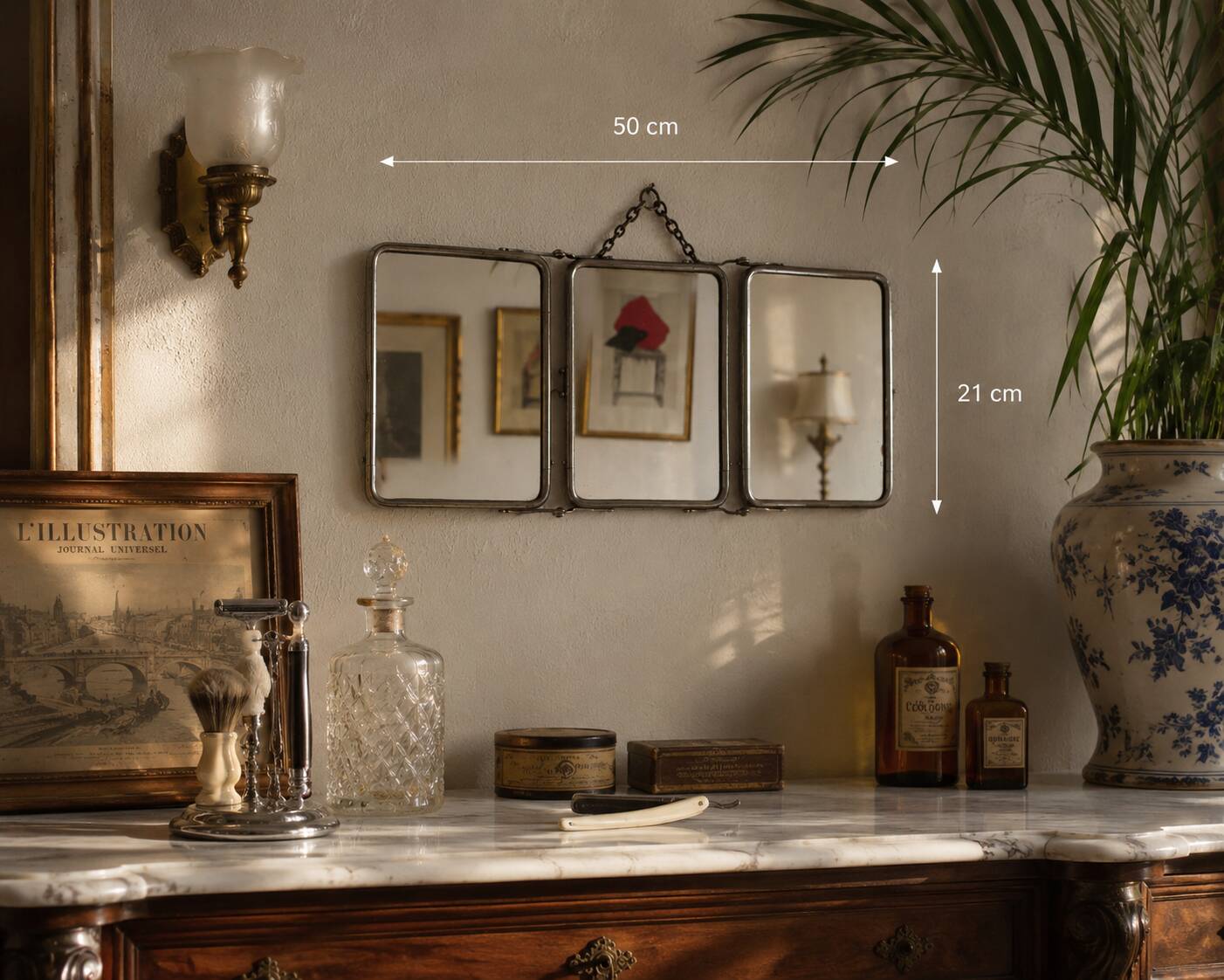 Vintage mirror 1900 triptych barber Le Solide Paris Art Nouveau - 21 x 50