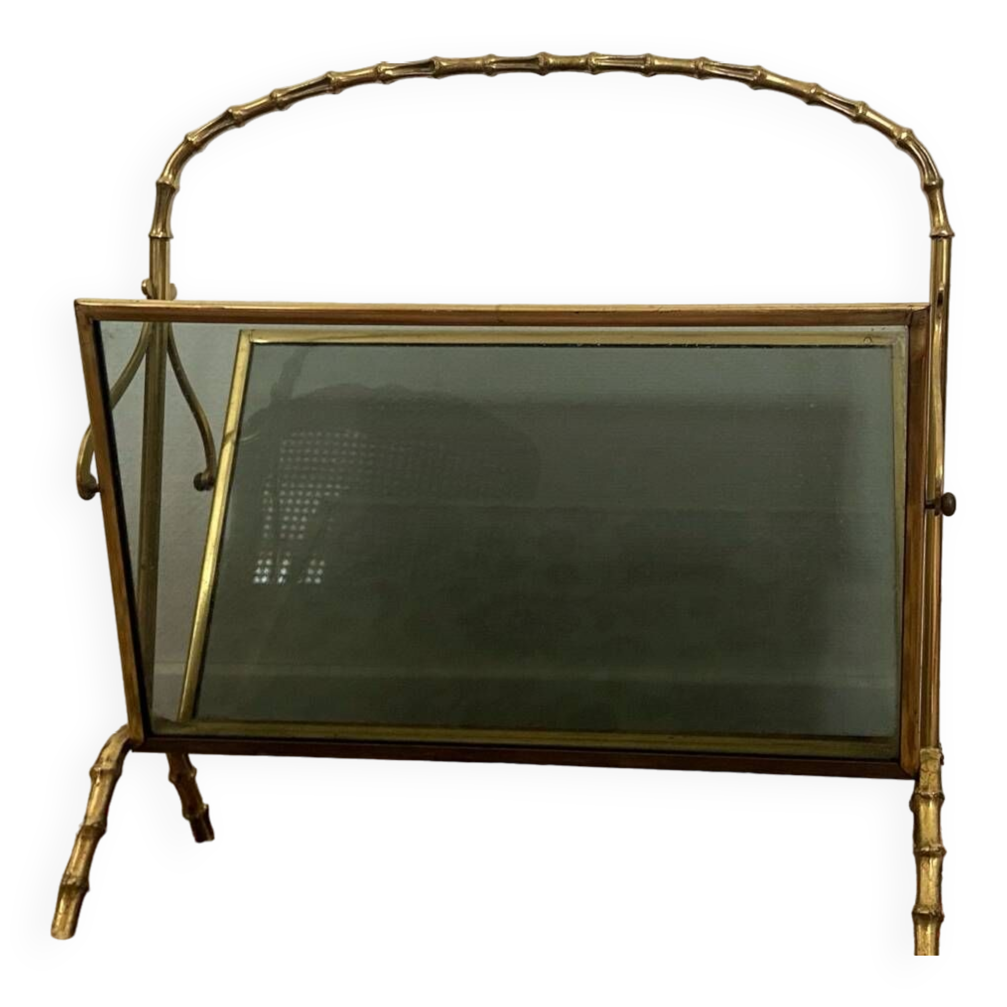 Maison Baguès Style Brass and Faux Bamboo Glass Magazine Rack, 1960s