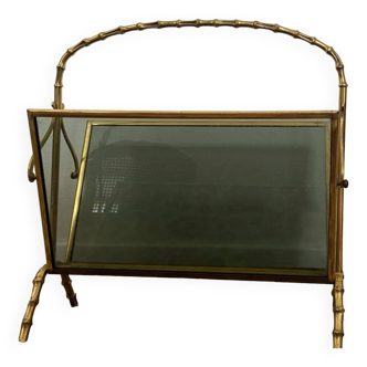 Brass and Faux Bamboo Glass Magazine Rack  Maison Baguès style , 1960s