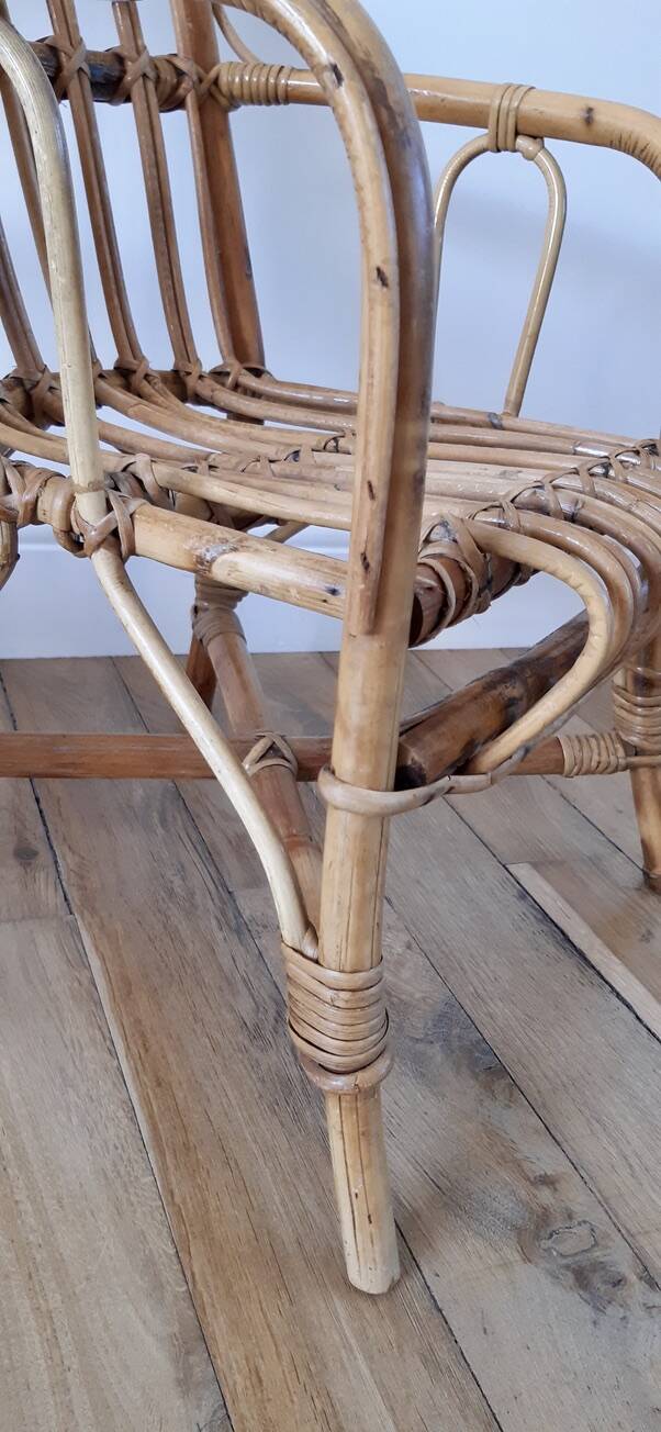 Pair of children's armchairs in rattan / bamboo honey color 60s