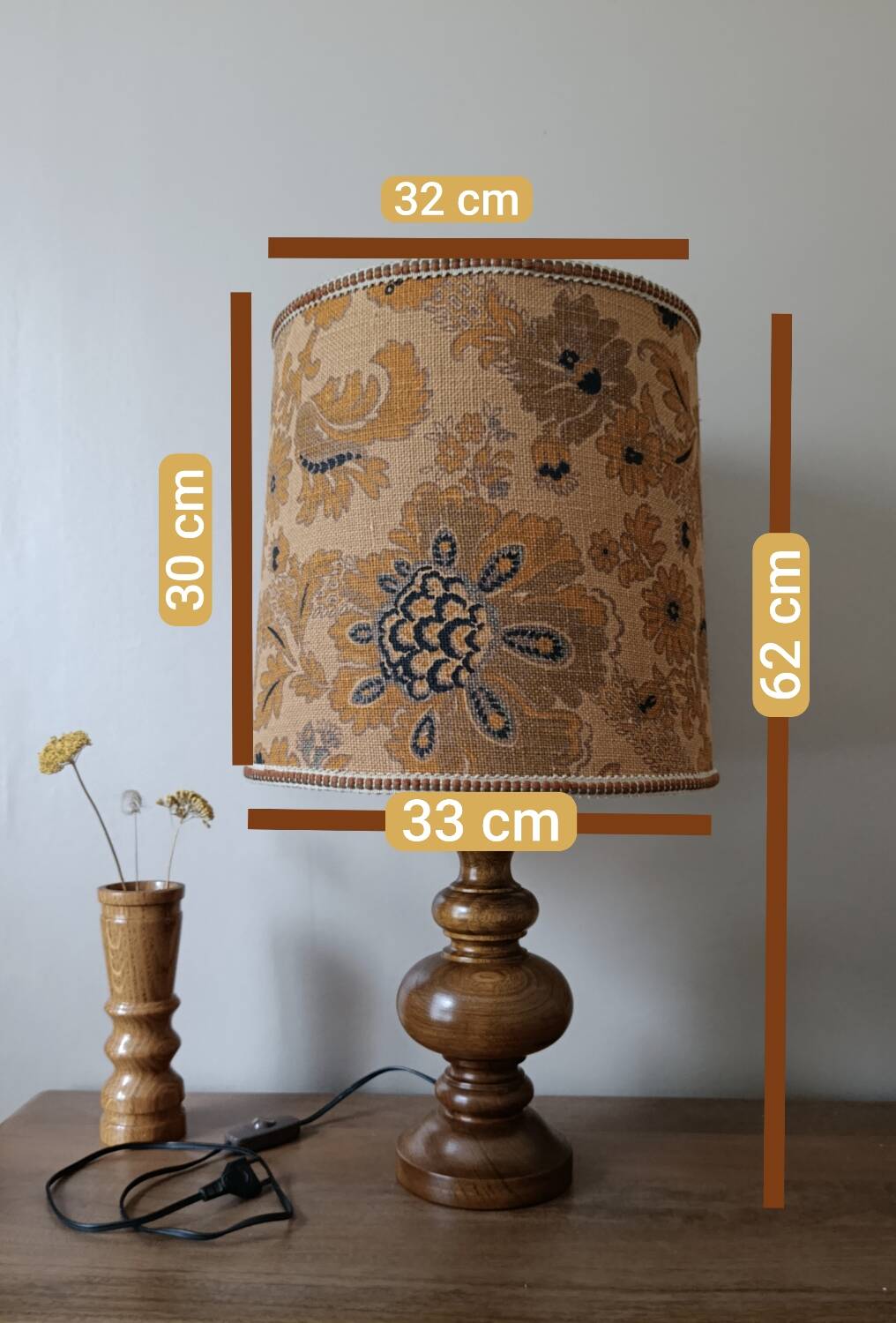 turned wooden lamp with a jute floral shade, authentic sixties