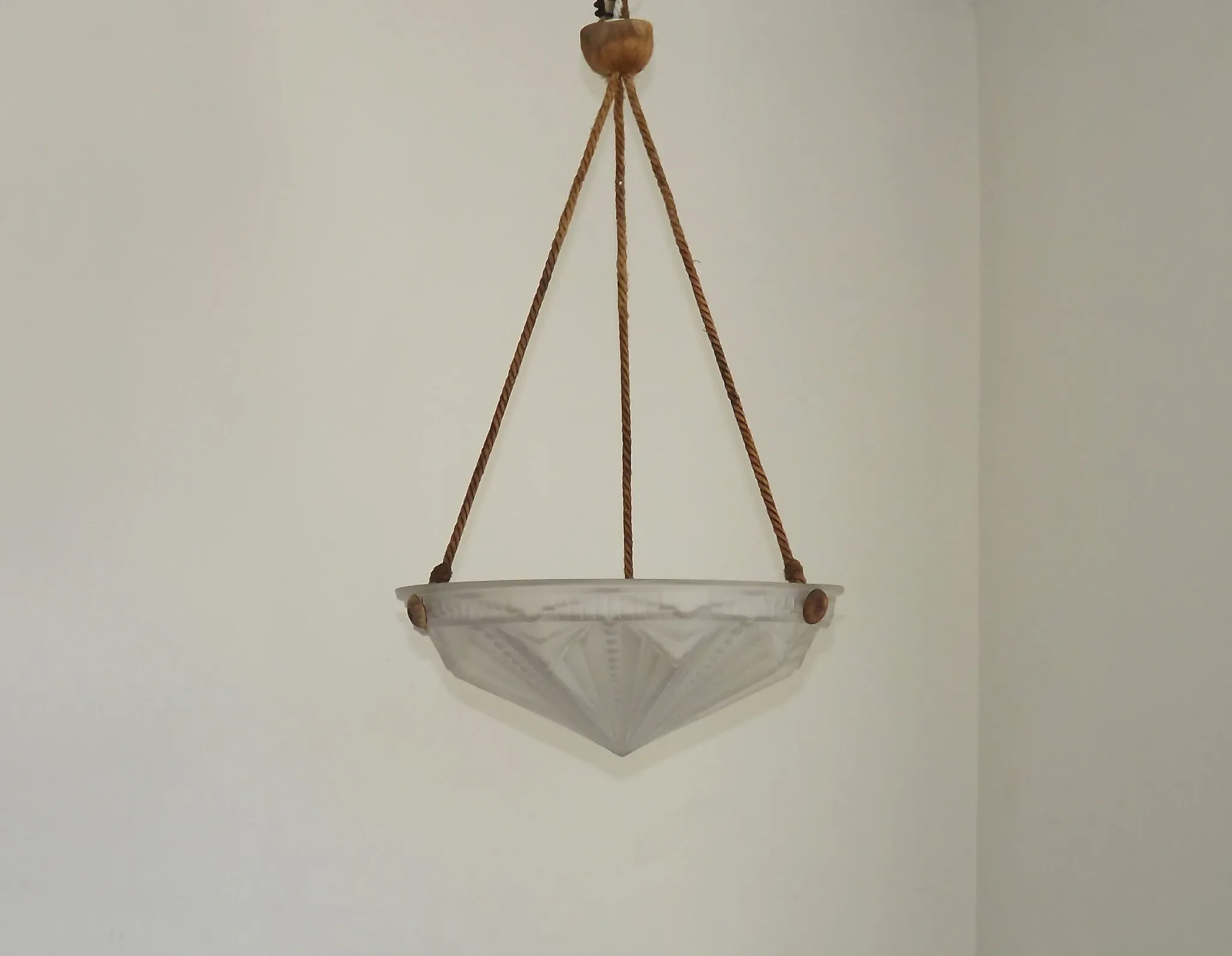 French Vintage Art Deco White Glass Abstract Platformier Ceiling LIght