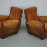 Paire de fauteuils club vintage en cuir cognac français, lot de 2