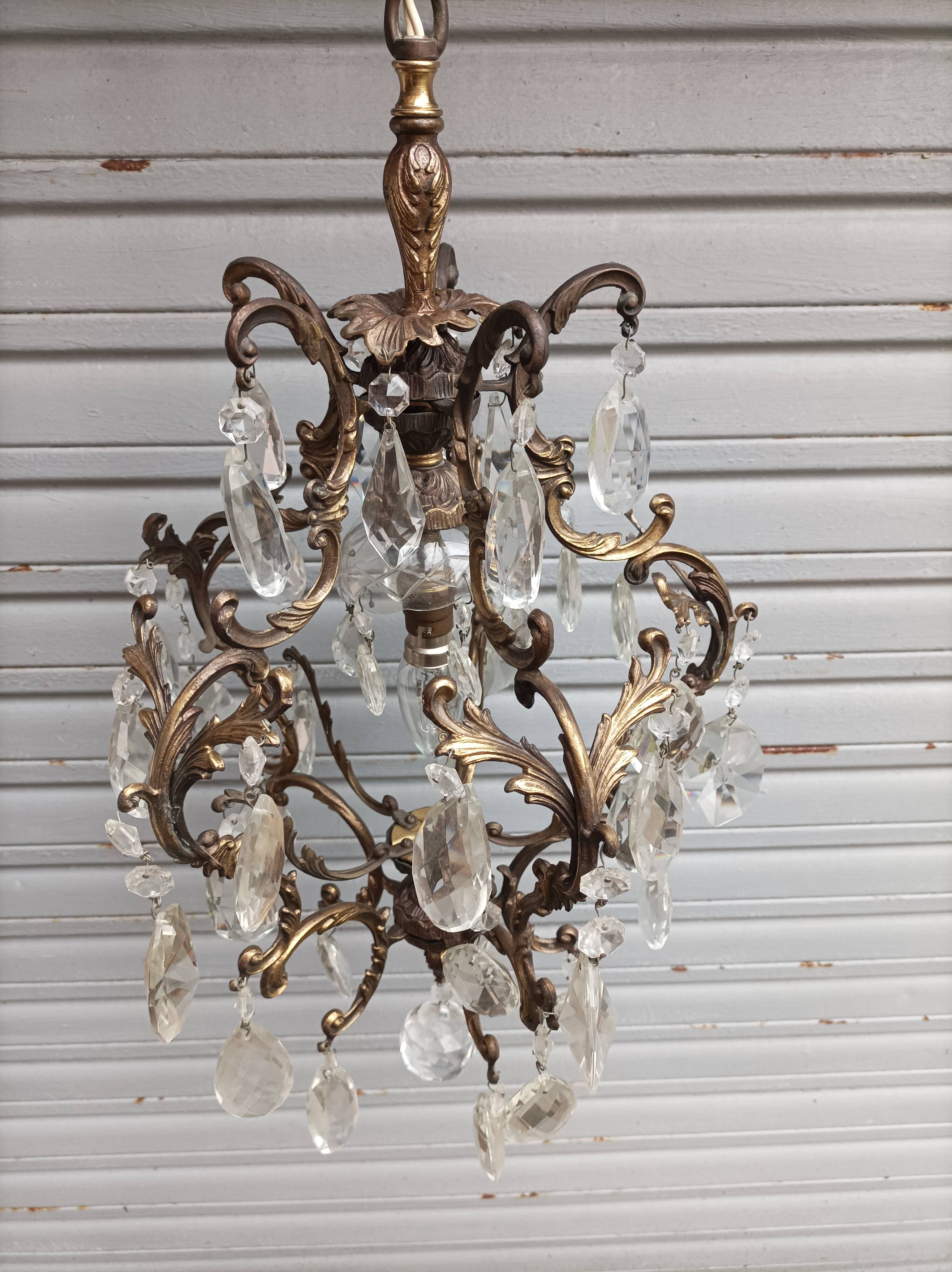 Rare old chandelier / lantern in patinated bronze, Louis XV style / working condition