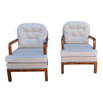 Pair of Art Deco brown and cream chairs in cherry wood and fabric, 1930s.
