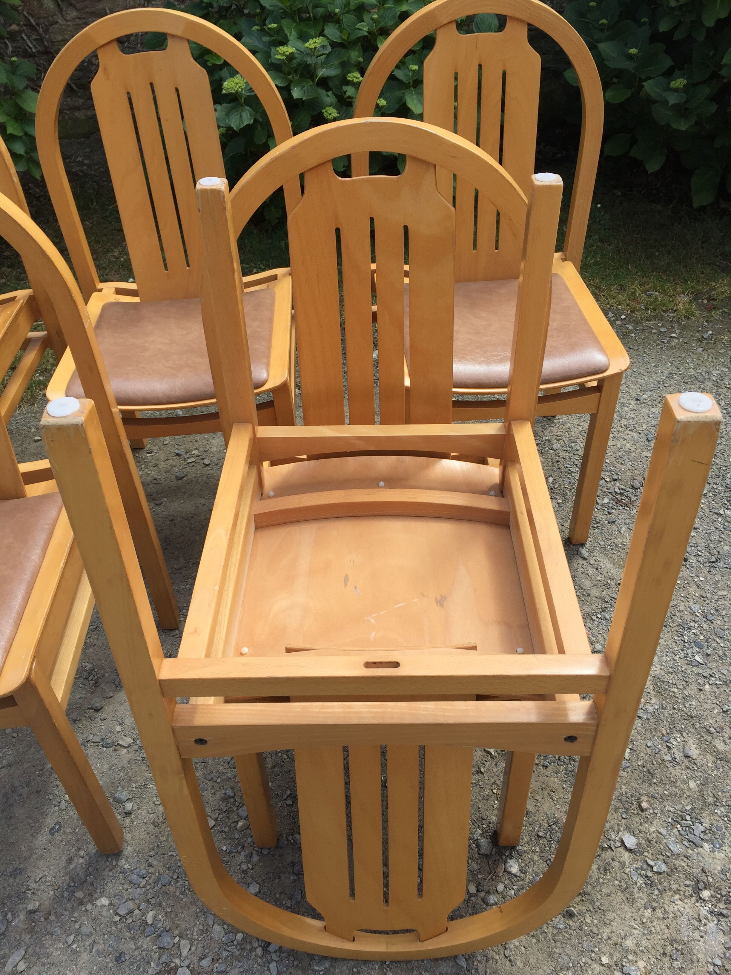 Vintage Baumann chairs in beech, seats in beige brown Skaï, series of 6.