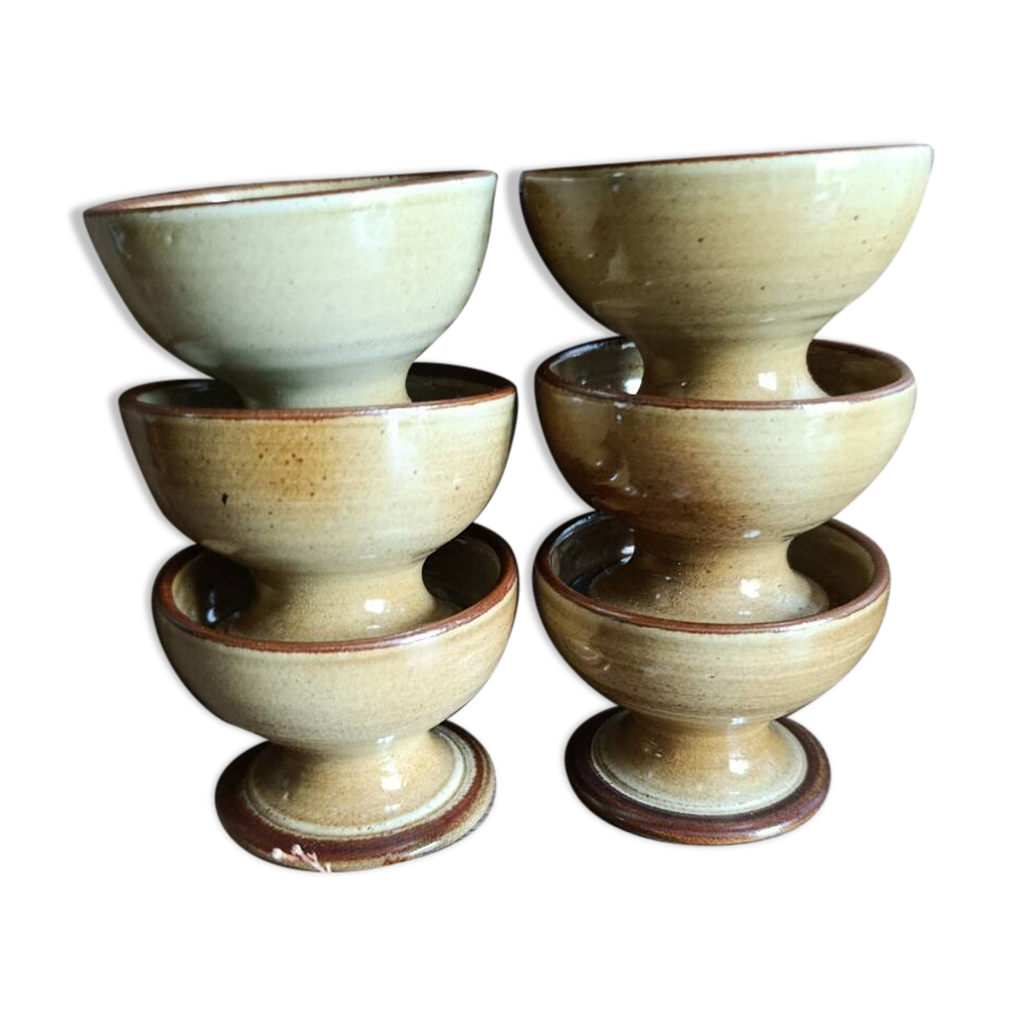 6 footed bowls in glazed honey stoneware, Atelier Saint Simon, vintage