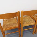 Set of 4 vintage brutalist chairs in light wood and straw from the 70s