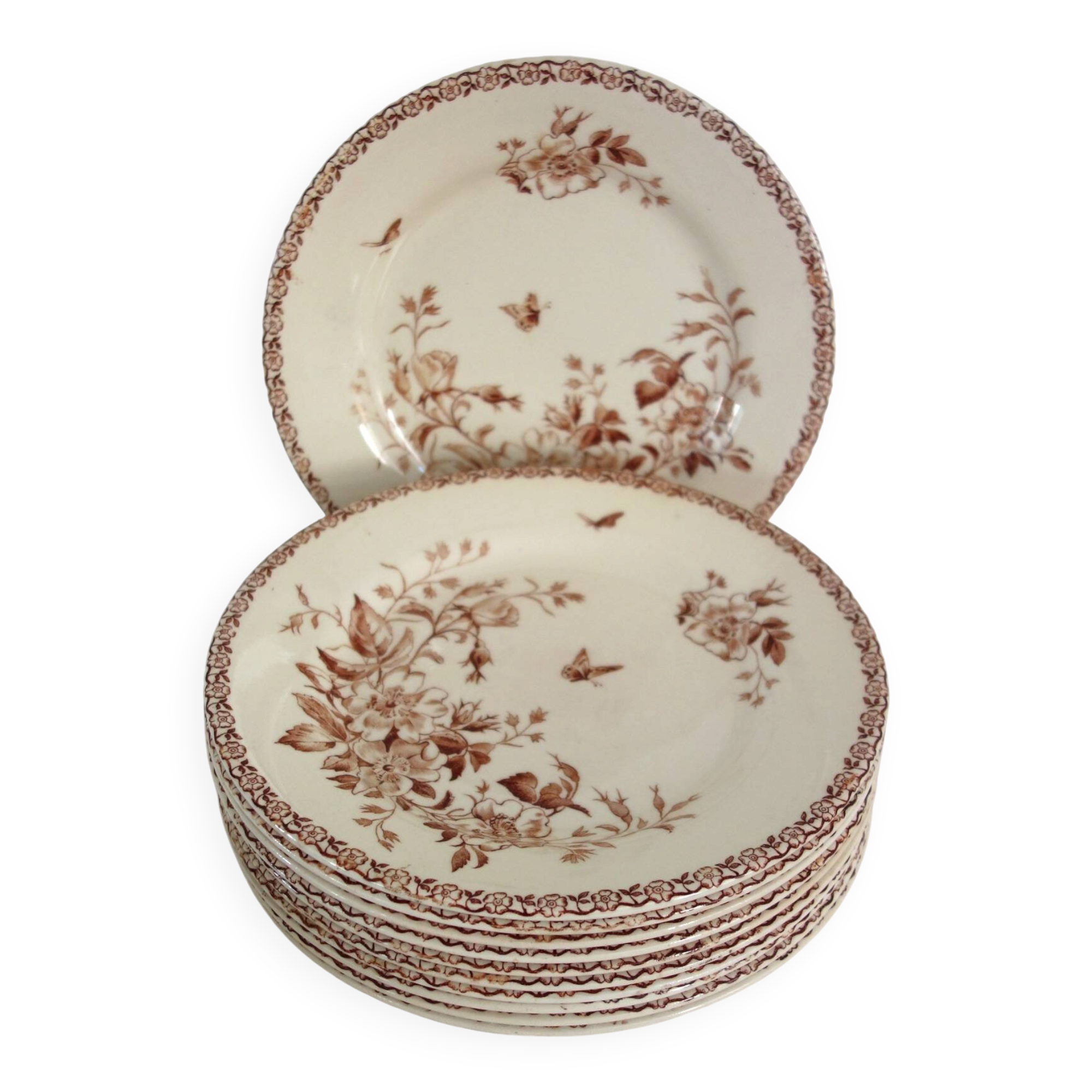 11 flat plates Terre De Fer Gien model Mai circa 1900