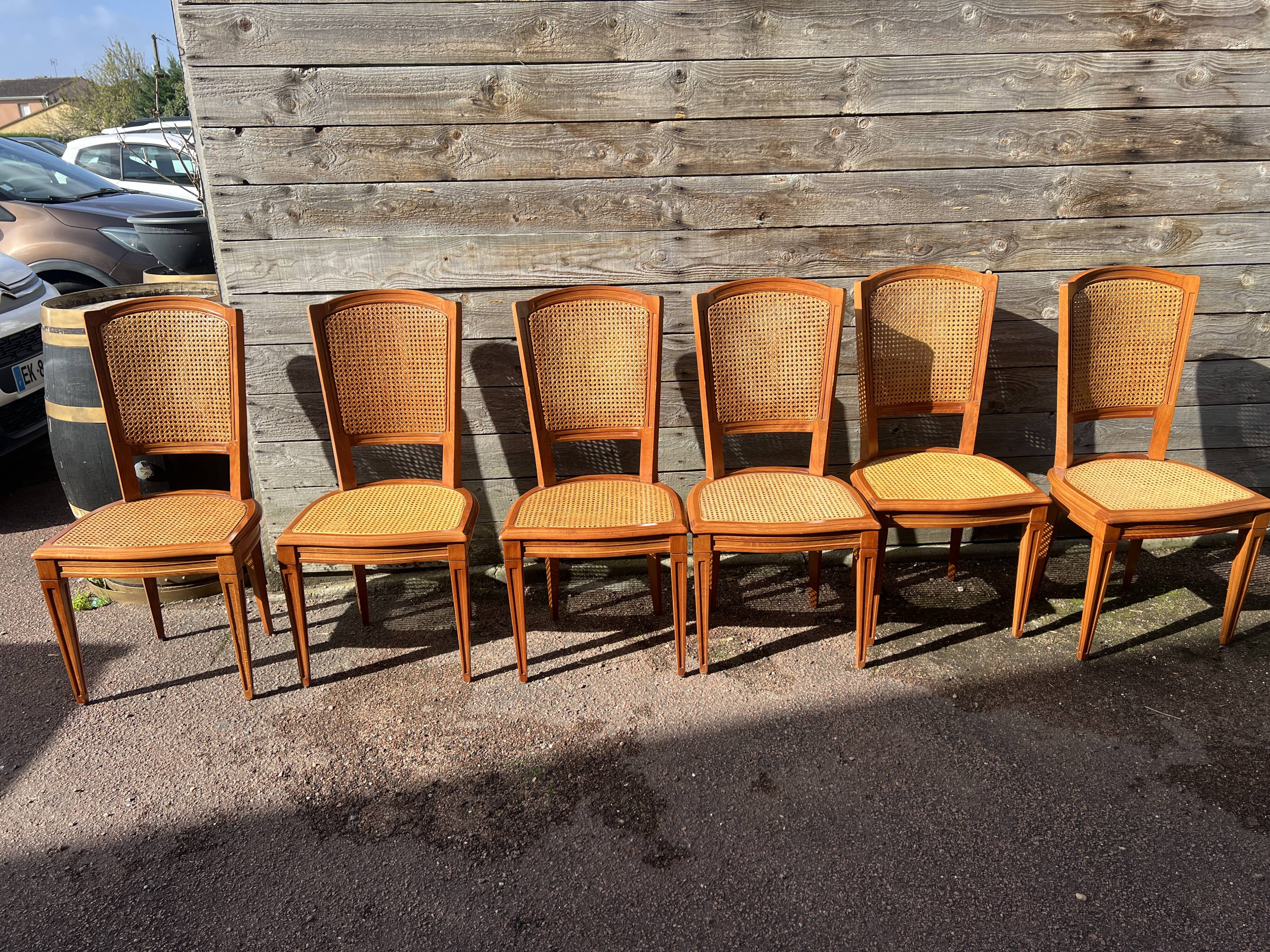 Six Art Deco chairs, 1960s, beech and cane