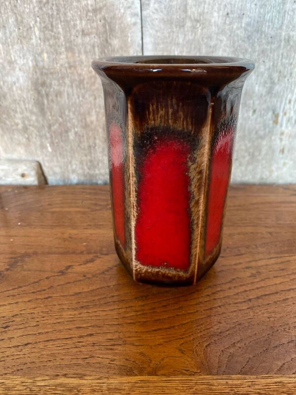 Ancien Vase Scheurich Keramik Céramique Marron Rouge West Germany Vintage #B767