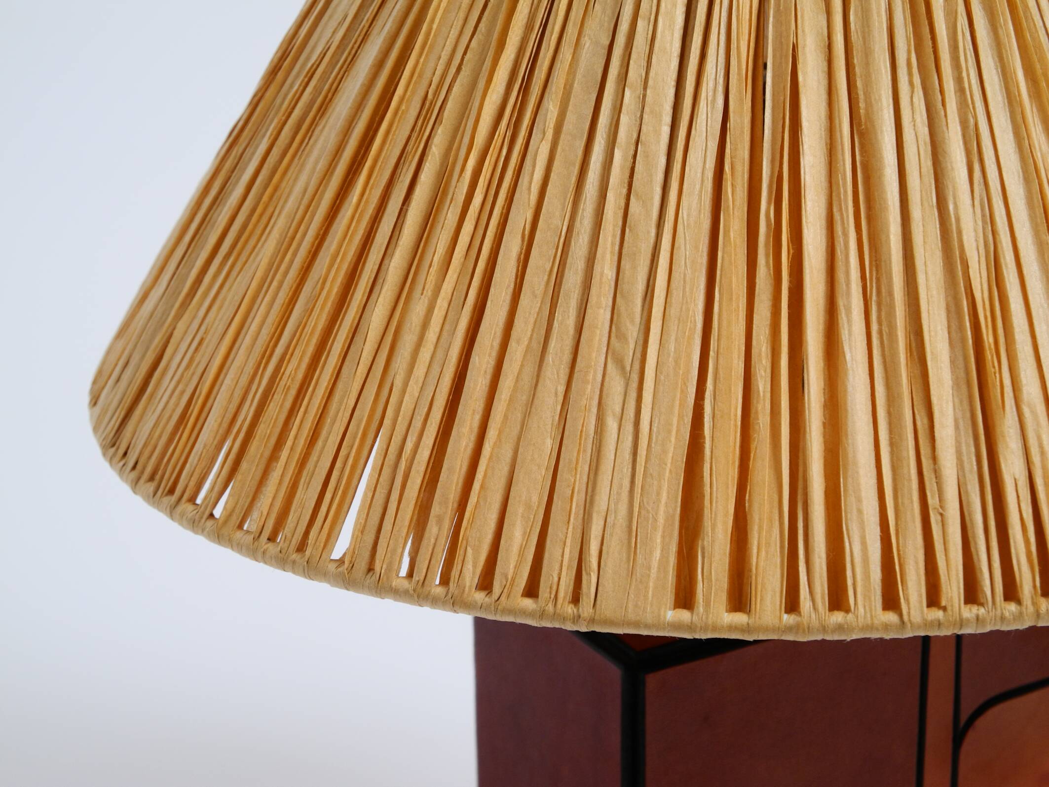 Italian 60s table lamp made of wood and leather with paper straw lampshade