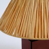 Italian 60s table lamp made of wood and leather with paper straw lampshade