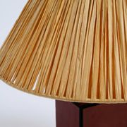 Italian 60s table lamp made of wood and leather with paper straw lampshade