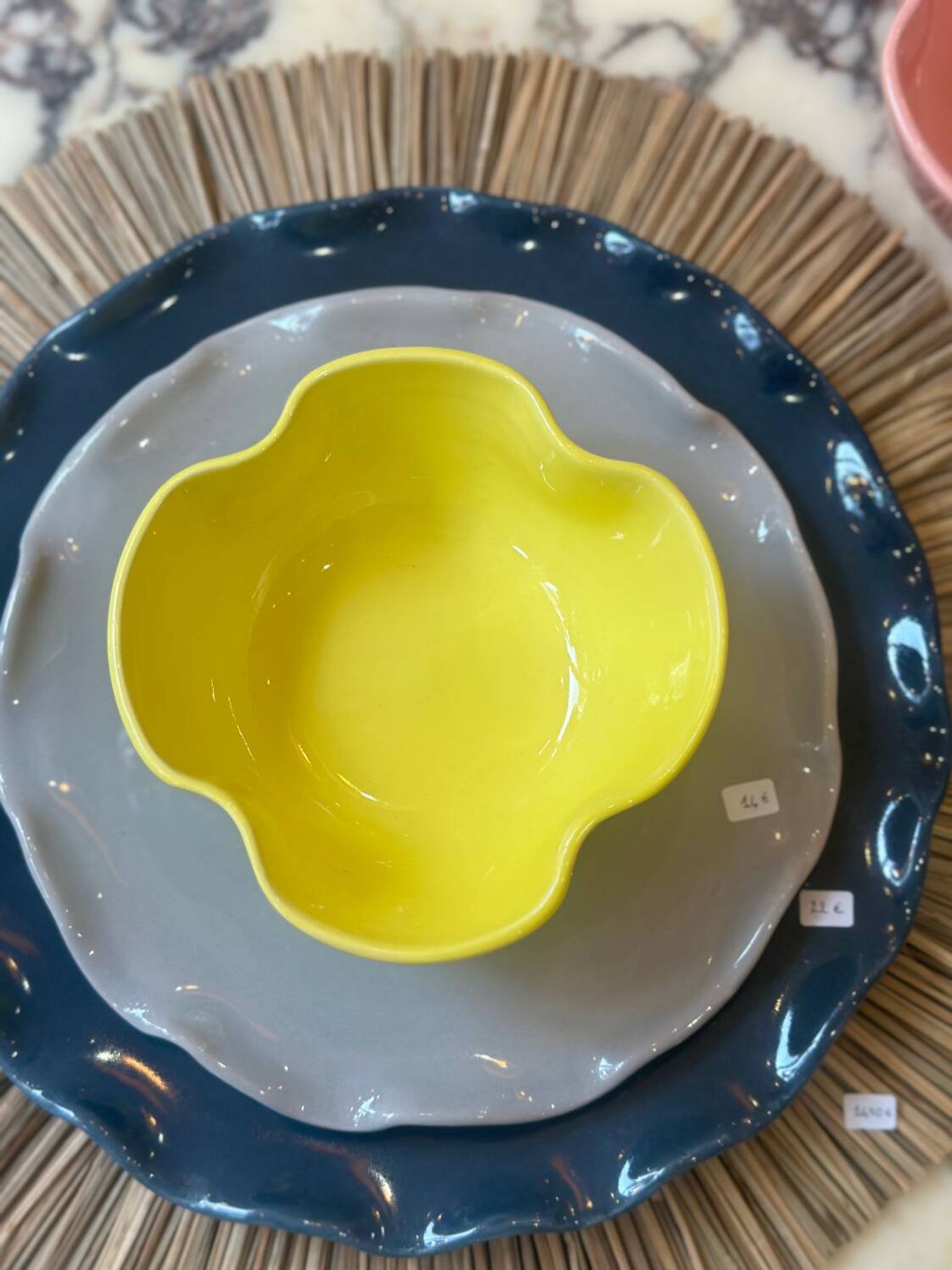 Handmade enameled ceramic bowl, lemon yellow pop clover flower