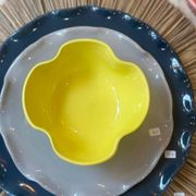 Handmade enameled ceramic bowl, lemon yellow pop clover flower