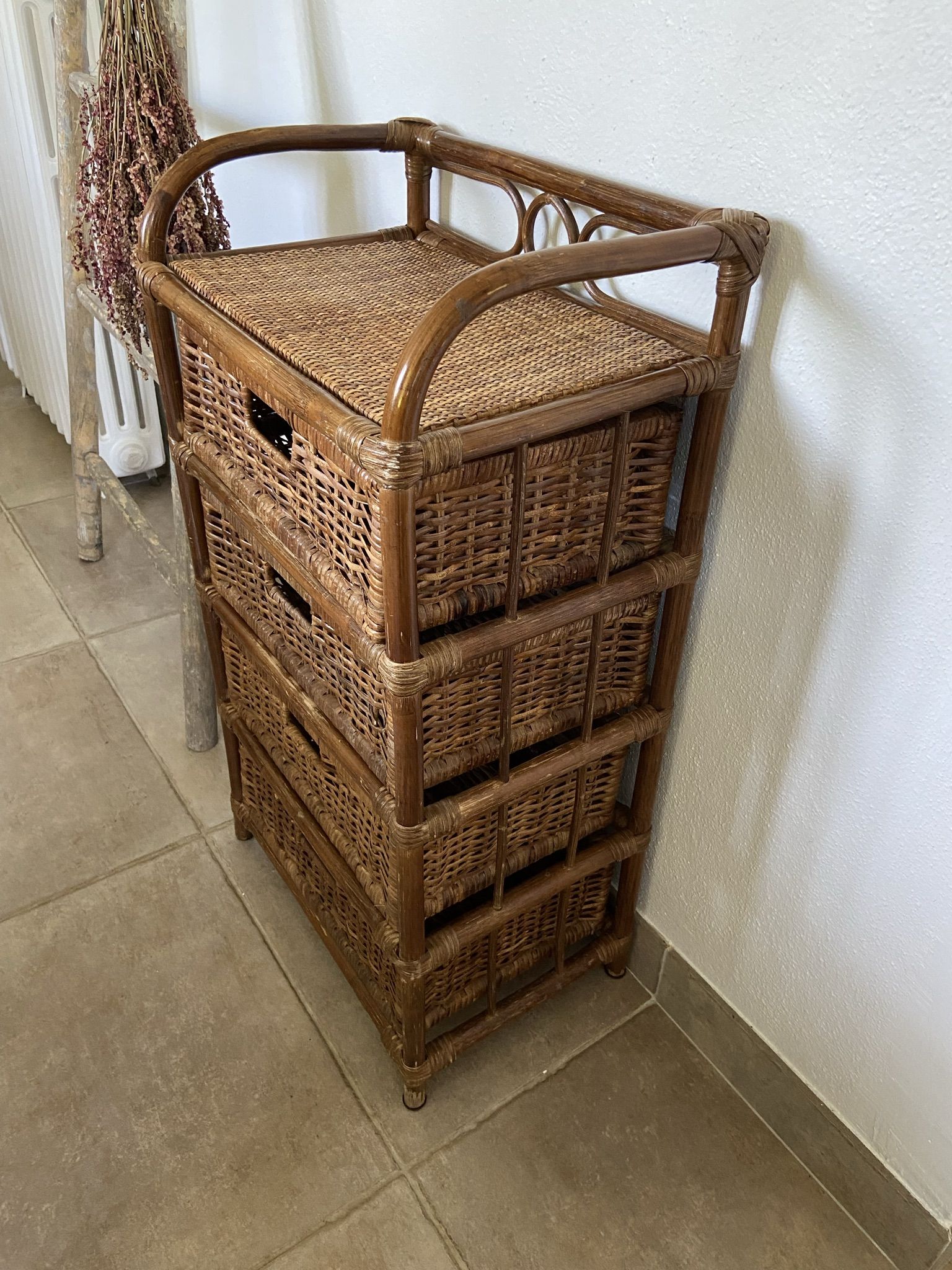 Cabinet / chest of drawers 4 drawers in rattan & vintage bamboo