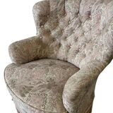 Fauteuil vintage rose clair à fleurs / fauteuil une place avec franges