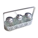 4-piece salt shaker, pepper and mustard set with spoon in stainless steel basket