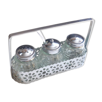 4-piece salt shaker, pepper and mustard set with spoon in stainless steel basket