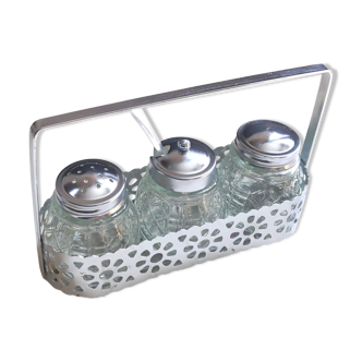 Ensemble 4 pièces salière poivrier moutardier avec cuillère dans panier inox