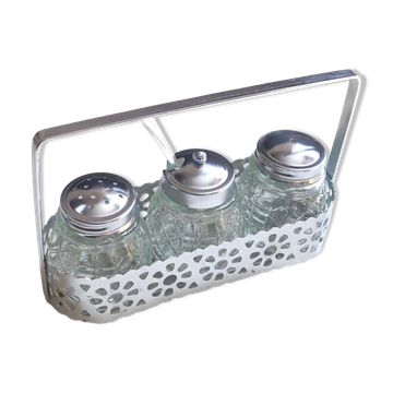 4-piece salt shaker, pepper and mustard set with spoon in stainless steel basket