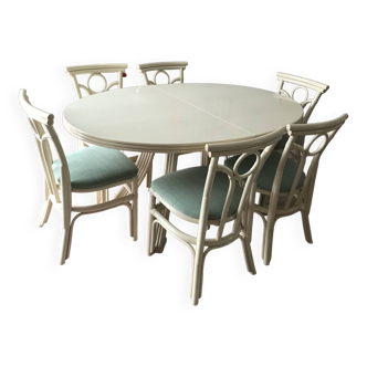 TABLE OVALE AVEC DEUX ALLONGES AMOVIBLES ET 6 CHAISES