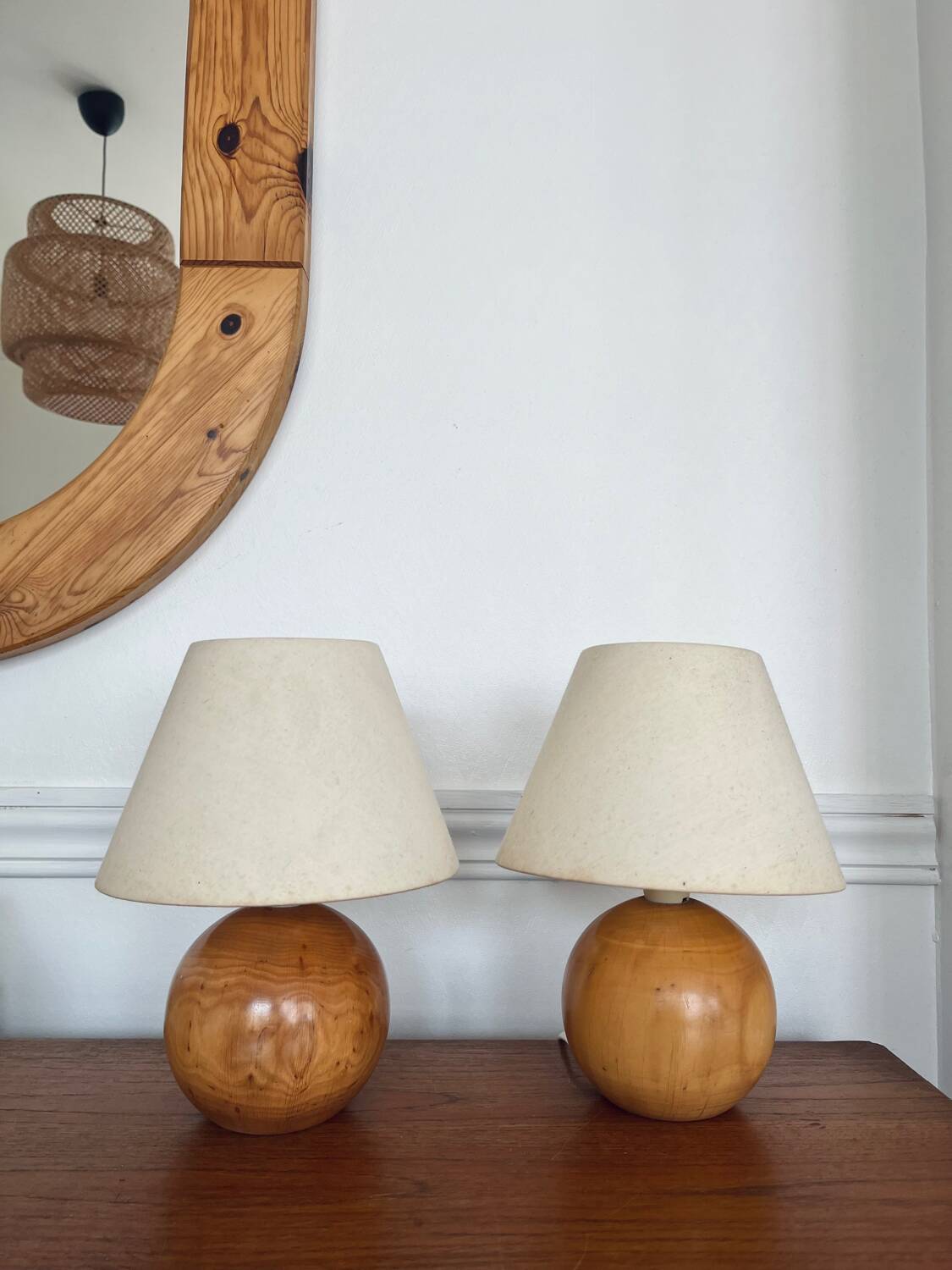 Pair of vintage wooden ball lamps