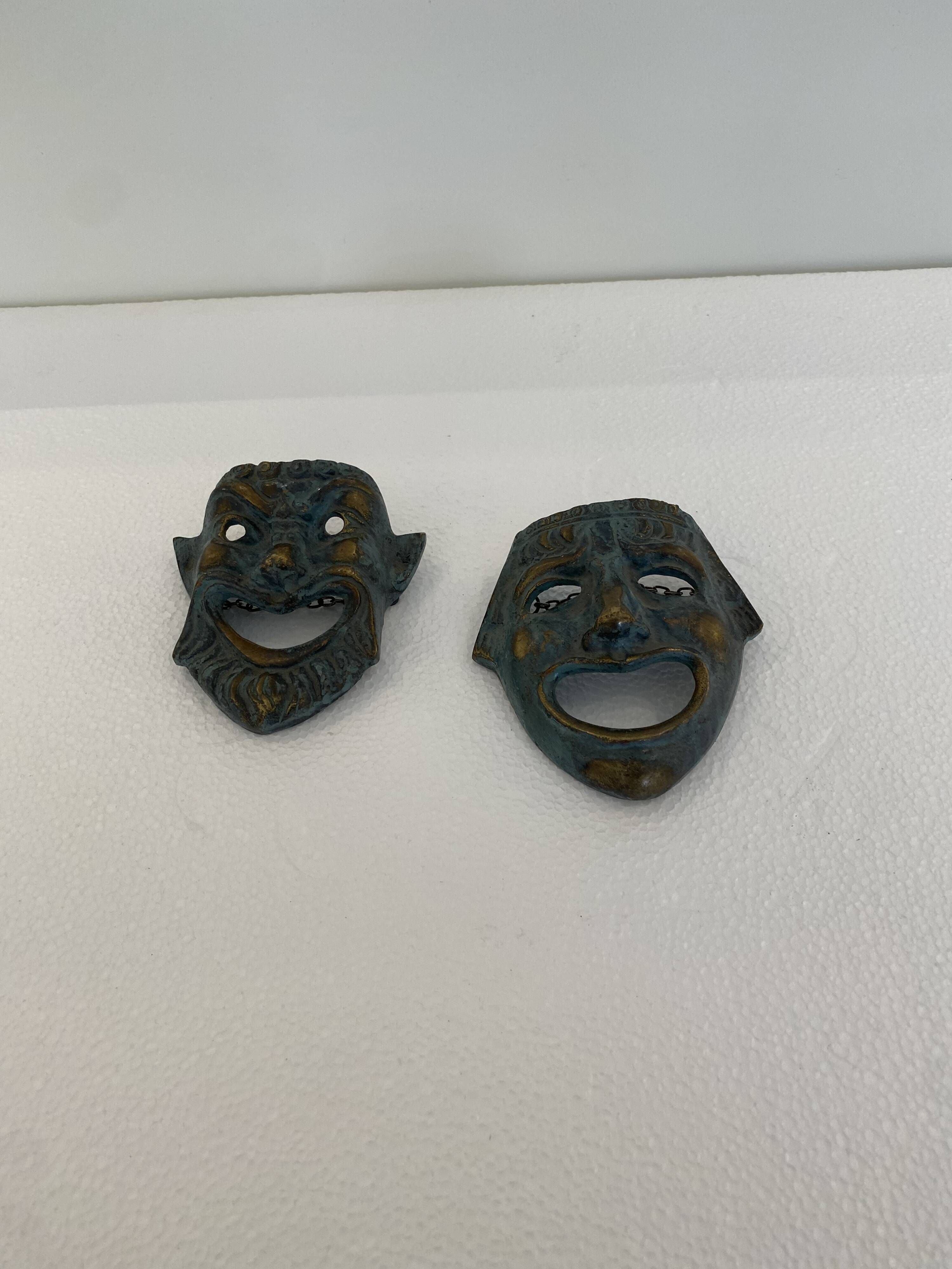 Pair of Small Decorative Bronze/Brass Greek Theatre Masks Wall Hangings, 19