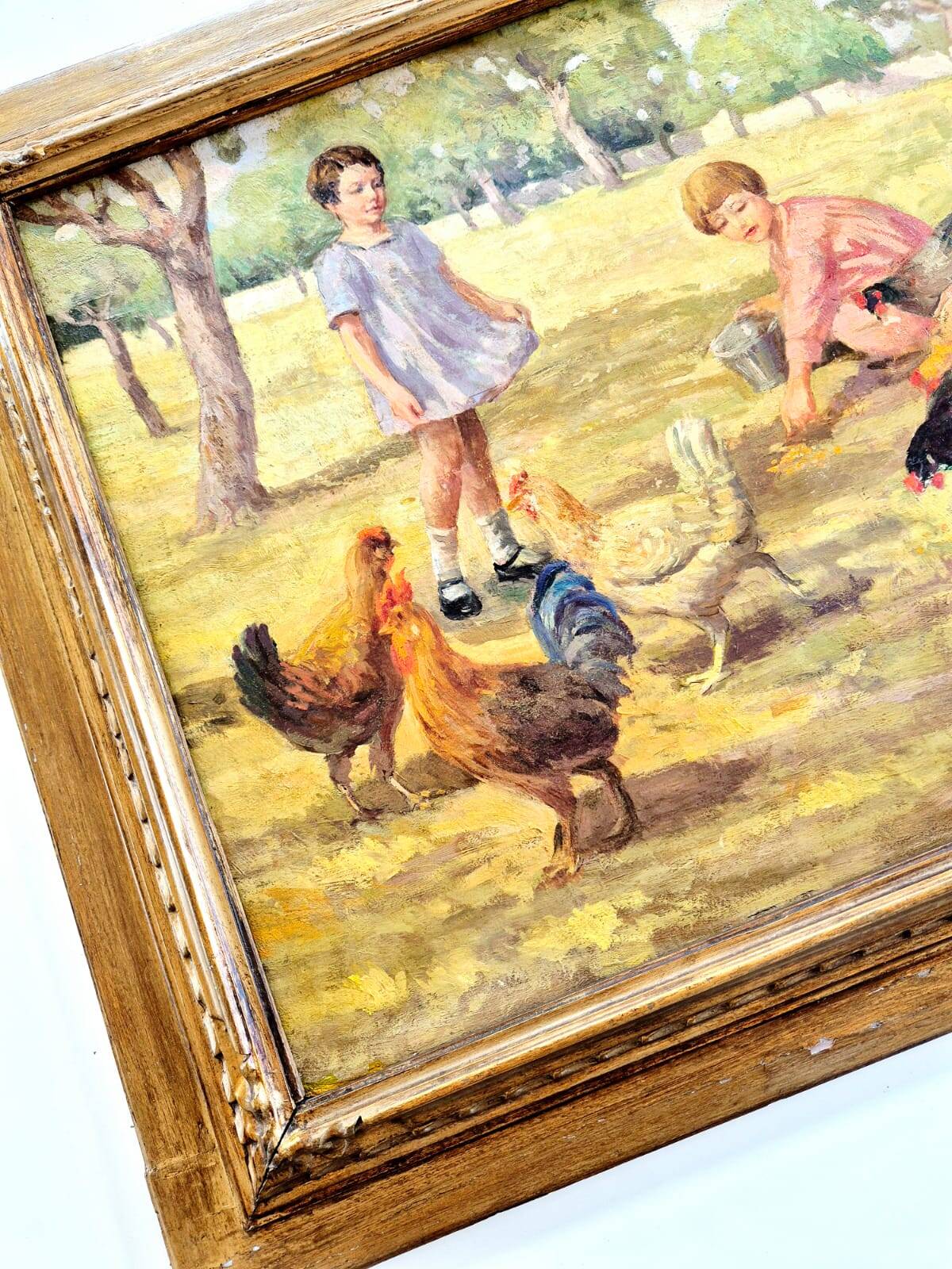 Oil Painting on Canvas "Children at the Farm" Signed Lo Presti - Gilded Frame