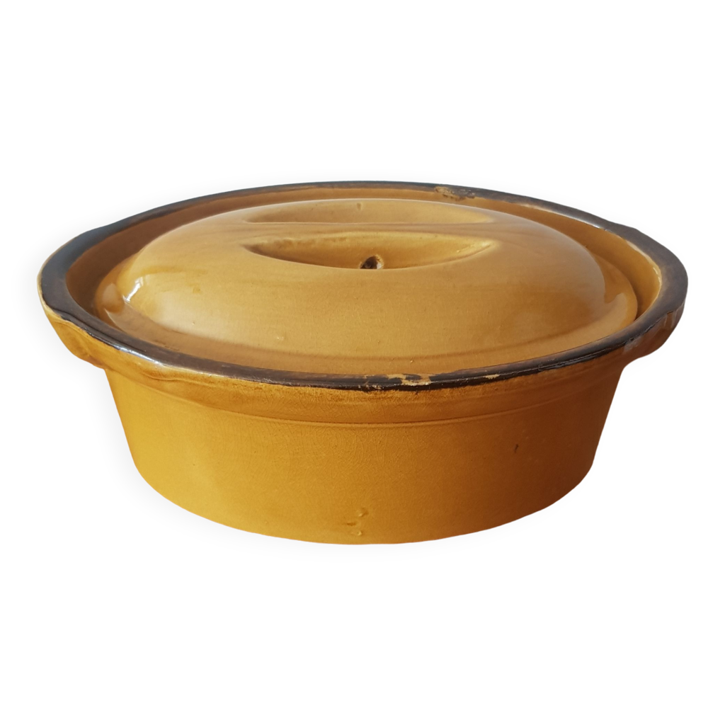 Plat à terrine français milieu de siècle La Bourguignonne, plat à four avec  couvercle pour cuisson des pâtés, poterie vernie marron et beige -   France