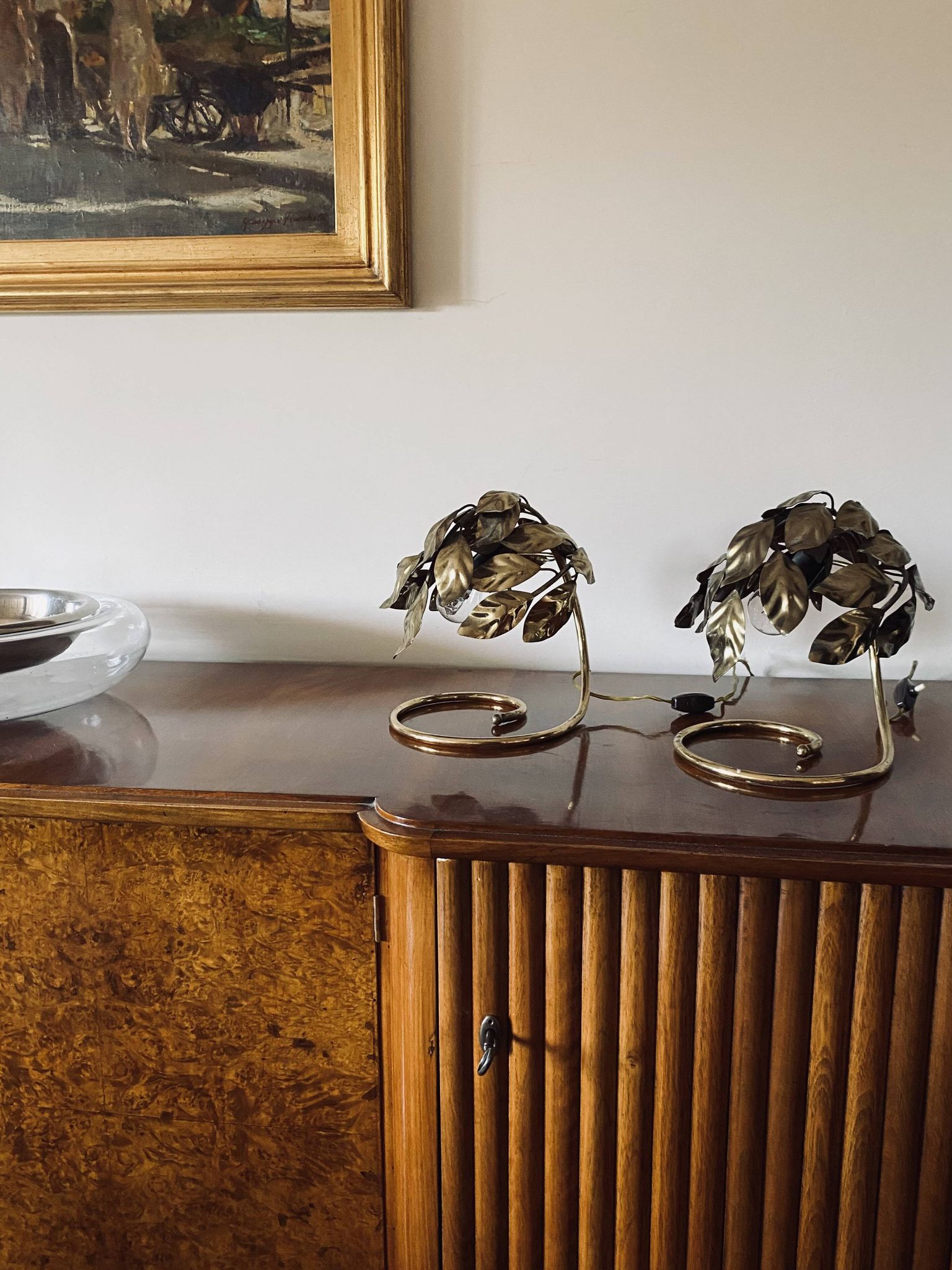 Hollywood regency set of 2 brass leaves table lamps, Bottega Gadda Italy, 1970s