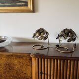 Hollywood regency set of 2 brass leaves table lamps, Bottega Gadda Italy, 1970s